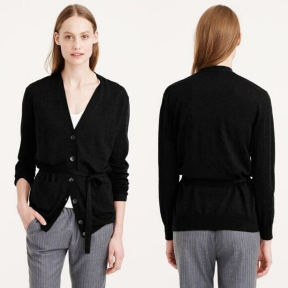 J. Crew Black Merino Wool Knit Button Front Long Sleeve Cardigan Sweater Medium - Picture 1 of 12